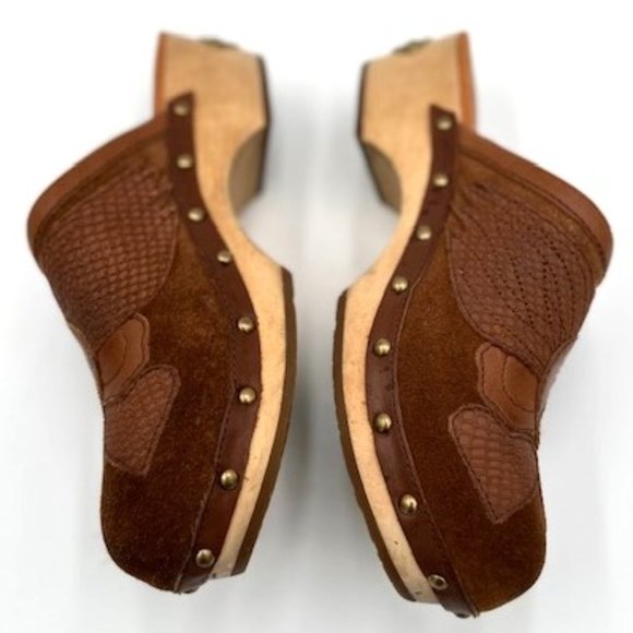 Lucky Brand Brown Suede Leather Peace Sign Wooden Clogs - Picture 3 of 7